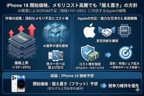 メモリ高騰を逆手に取る？ 次期iPhone 18、 価格据え置きの可能性が浮上
