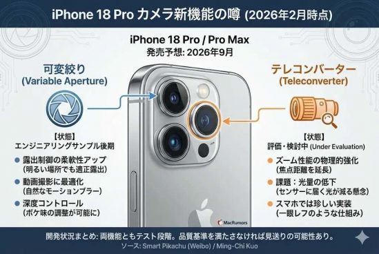 次期iPhone 18 Pro、カメラにテレコンバーターと可変絞りを導入？