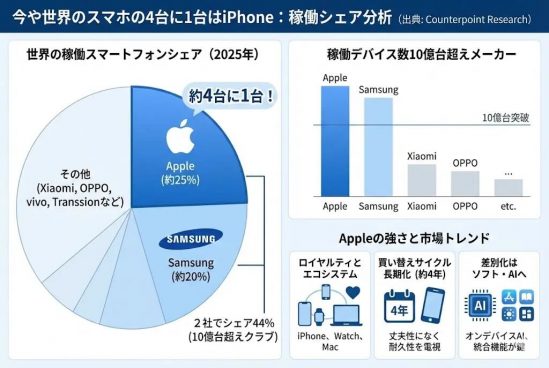 世界のスマートフォン、4台に1台がiPhoneに！