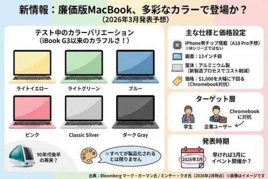 次の廉価版MacBook、カラフルな新色をテスト中？