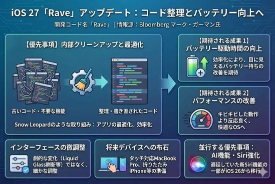 iPhoneのバッテリー、iOS 27でもっと長持ちする？