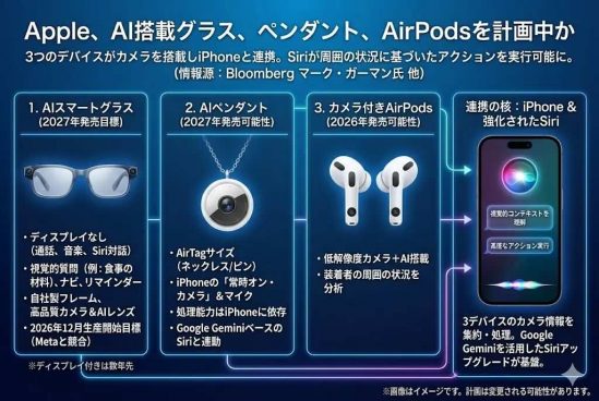 2026年中に投入の可能性も？ アップル、3種類のAIウェアラブルデバイスを開発中