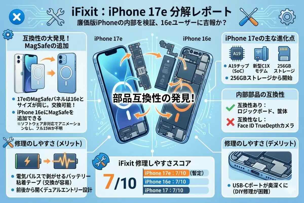 MagSafeを追加できちゃう？ iPhone 17eと16eの部品に互換性があった！