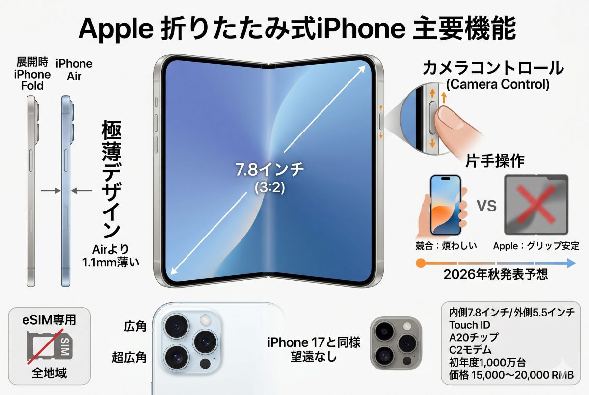 折りたたみiPhoneにはカメラ向けの独自ボタンが搭載される？
