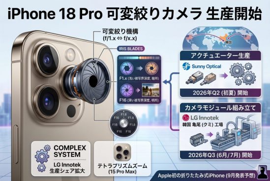 iPhone 18 Proに搭載予定の「可変絞りカメラ」を生産開始？