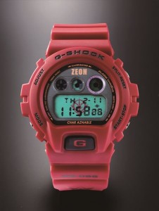 ↑09年に発売された「G-SHOCK MS-06Sシャア専用ザク」。ELバックライト点灯時は、赤いジオン公国軍のマークが浮かび上がる。こちらも販売終了