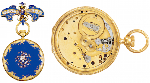 ↑1945年にパテック フィリップが開発し、1851年のロンドン万国博覧会で金賞を受賞した、竜頭巻上げ式・時刻合わせの時計。時のヴィクトリア女王に献上された