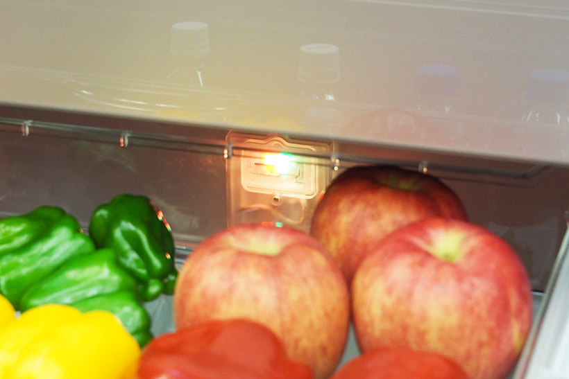 ↑昼は「赤と緑」のライトで、庫内の野菜の光合成を促します