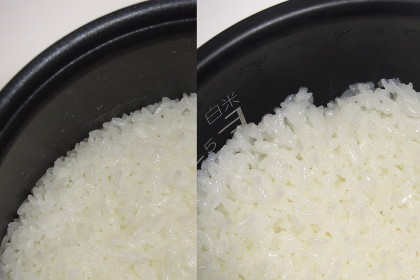↑炊き上がりの違い。NW-AS10（右）のほうが白が鮮やか、一方廉価炊飯器のご飯は少し黄色がかっています。また写真ではわかりにくいのですが、NW-AS10には明らかに「透明感」があります。さらに、米が一粒一粒ふっくらと炊けているのもわかります