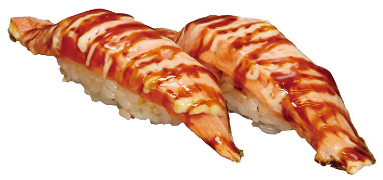 ↑照り焼きサーモン／二貫（108円）　サーモンにオリジナルソ ースをかけて炙った創作寿 司。ツメダレとマヨネーズ をかけて炙った香ばしさ は、老若男女に愛される。