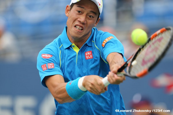 45998846 - new york - august 31, 2015: professional tennis player kei nishikori of japan in action during first round match at us open 2015 at billie jean king national tennis center in new york