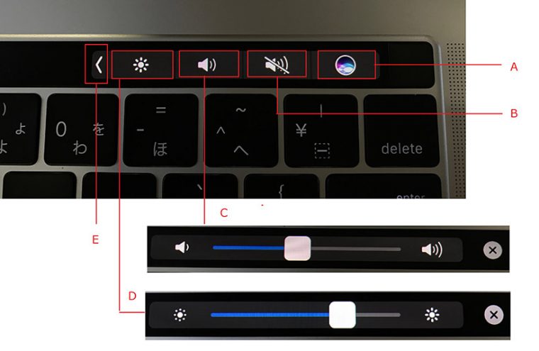 ↑（A）Siriが起動する（B）消音のオン・オフ切り替え（C）スライダで音量の調整（D）スライダで画面の明るさの調整（E）隠れているボタンが表示される