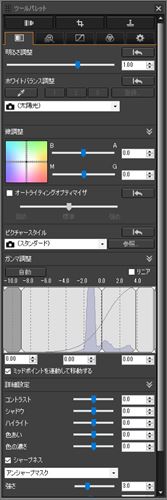 ↑基本調整ツールパレット。下段にある「詳細設定」は、「ピクチャースタイル」の詳細設定であり、カメラ上で設定する詳細設定と同等の機能になる