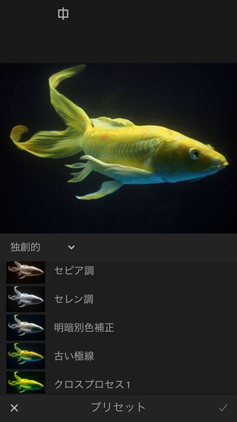 ↑プリセット機能では、セピア調やクロスプロセスなどの効果をワンタッチで適用できる