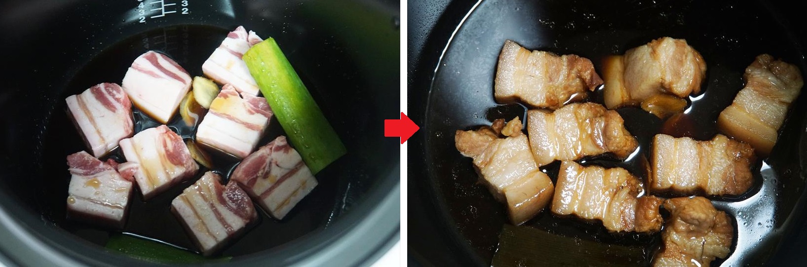 ↑豚肉の角煮の食材を入れ（左）、20分経つと右の写真のように仕上がる
