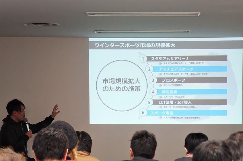 ↑第1部では、皆川氏がテクノロジーによって解決できるスノー産業の3つの課題を説明した