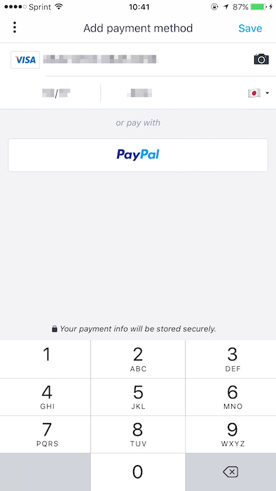 ↑支払いに使うクレジットカード情報を入力して「Save」をタップ。ちなみに「PayPal」を選択することもできる