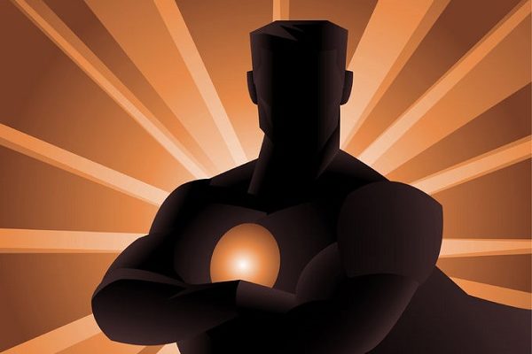 34230174 - superhero shadow front view, with crossed arms and shining powers behind him. vector illustration.