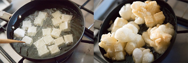 ↑小ぶりの鍋かフライパンに、油（分量外）を2cmほどの深さまで入れ、約180度で餅の表面が少しきつね色になるまで揚げます。揚がった餅は、手で砕いて器に盛っておきます