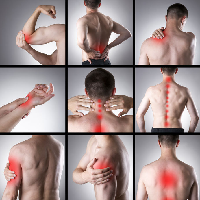 45276033 - pain in a man's body on a gray background. collage of several photos with red dots