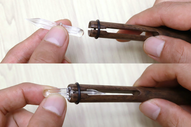 ↑木軸には固定用のゴムリングがはまっており、ペン先パーツはこの圧力で固定されているだけ。抜き差しは簡単だ