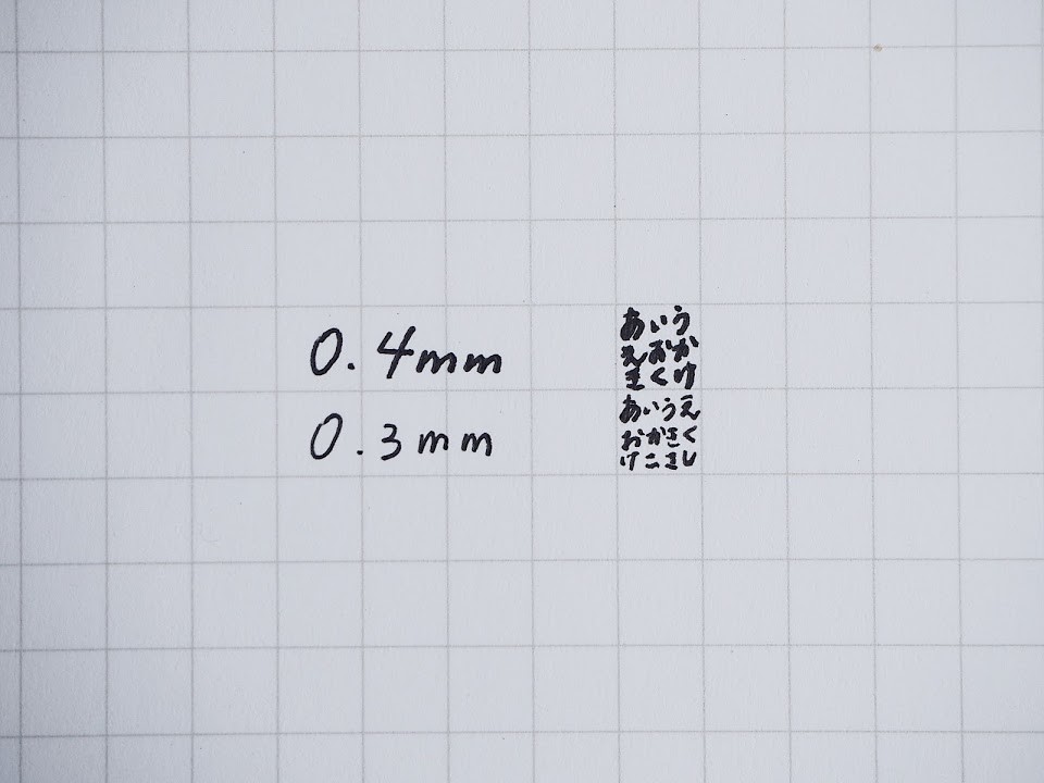 ↑0.3mmと極細だが、かすれずくっきりと書ける。5mm方眼の中にも文字が書き込めるほどの細字だ
