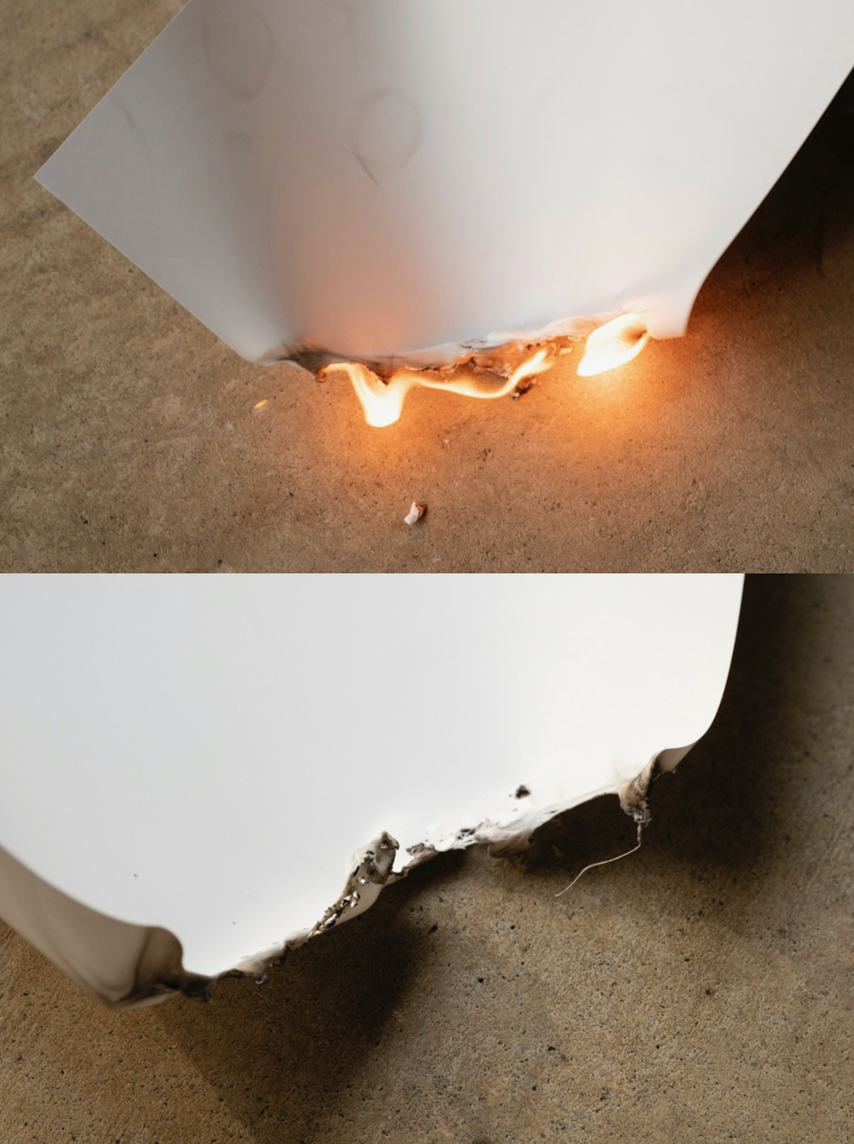 ↑一方、ユポ紙は縮まっていくような燃え方。火はつきますが、どんどんと燃え広がる様子はありません。ちなみに「プラスティックを燃やす＝ダイオキシン発生」というイメージがありますが、ユポは炭素と水素からできたポリプロピレン樹脂が主原料なので、ダイオキシンが発生しないのもメリットです