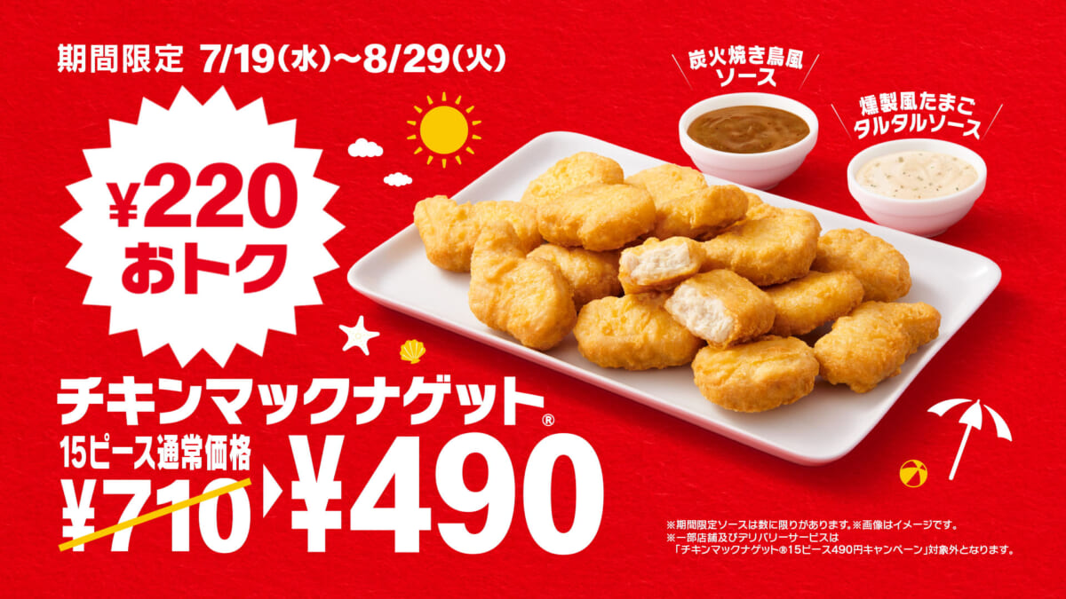 マクドナルドがお得！ 「チキンマックナゲット 15ピース」が220円引き